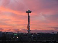 pretty clouds and Space Needle at sunset