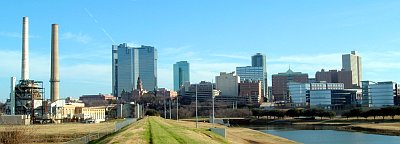 downtown Fort Worth and smokestacks